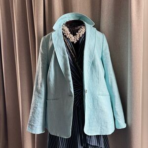 Talbots Petite 100% Linen Blazer Light Aqua Blue - 14P